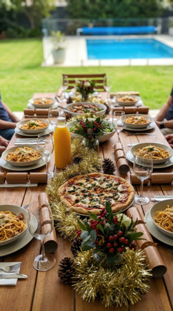 Holiday table with food and drinks in the garden. Selective focus.の素材