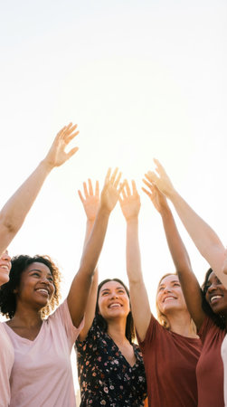 Group of friends raising their hands in the air on a sunny dayの素材