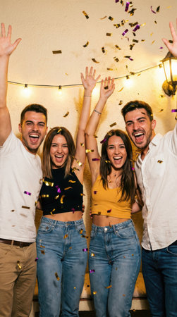 Group of friends having fun at a party in a bar with confettiの素材