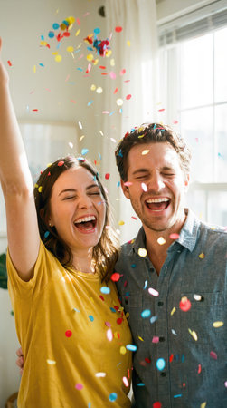 Couple having fun with confetti in the living room at homeの素材