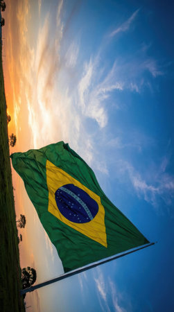 Brazil flag waving in the wind at sunset with a beautiful sky.の素材