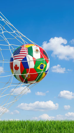 Soccer ball in goal net with blue sky and clouds background.の素材