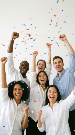 Group of happy young multiethnic friends celebrating with confetti at a party.の素材
