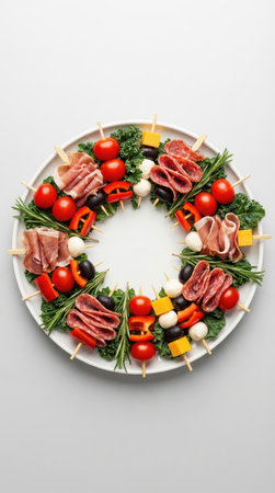 wreath of fresh vegetables and meat on skewers on a white backgroundの素材