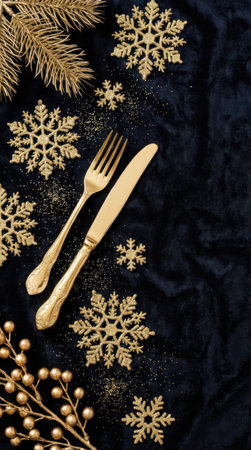 Christmas table setting with golden cutlery and snowflakes on black backgroundの素材