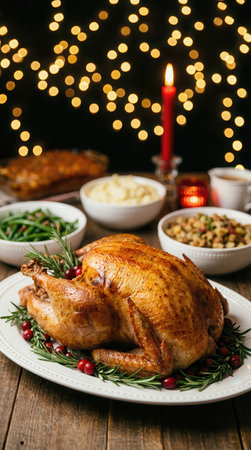 Roasted turkey with cranberries and rosemary on festive table, closeupの素材
