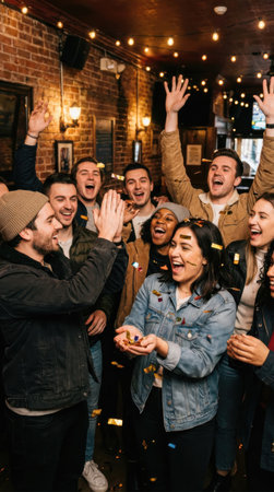 excited friends clapping hands while celebrating birthday at bar with confettiの素材