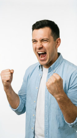 Portrait of a happy man celebrating success isolated on a white backgroundの素材