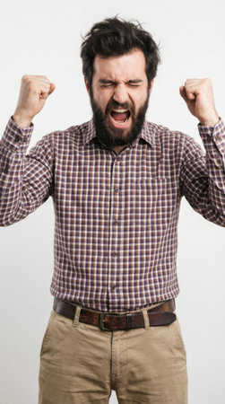 Young man with a beard and mustache in a checkered shirt on a white backgroundの素材