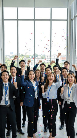Group of asian business people celebrating success with confetti in officeの素材