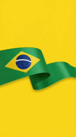 Brazil flag wavy ribbon on yellow background. National flag of Brazil.の素材