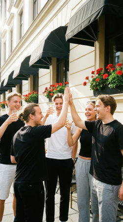 Group of friends giving high five to each other in the street.の素材