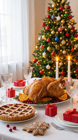 Festive table setting for Christmas dinner with roasted turkey and Christmas tree in backgroundの素材