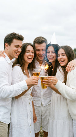 Group of friends having fun on the beach, drinking champagne and having funの素材