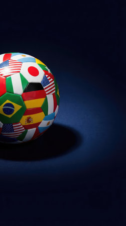 Soccer ball with the flags of the world on a dark backgroundの素材