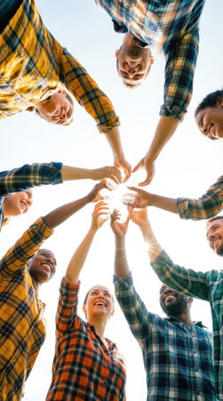 Low angle view of diverse young people holding hands in circle against blue skyの素材
