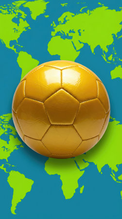 Soccer ball on the world map background, with copy space.の素材