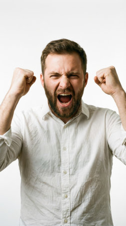 Angry man in white shirt showing his muscles. Isolated on white background.の素材