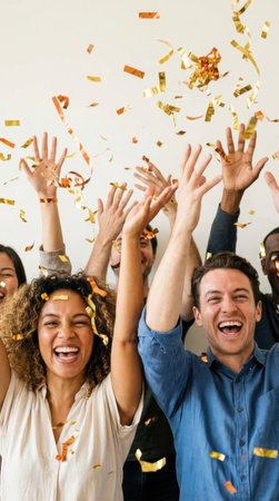 Group of diverse friends celebrating a birthday party with confetti and ribbonsの素材