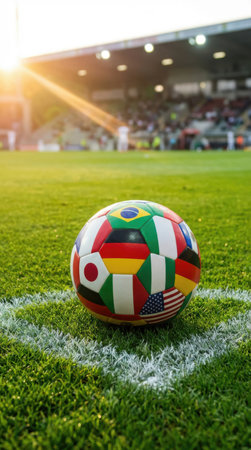Soccer ball on green field with flag of United States and Brazilの素材