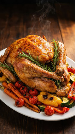 Roasted whole chicken with vegetables on wooden table, closeup.の素材