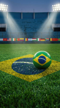 Brazil flag on the soccer ball on the green grass of football stadiumの素材