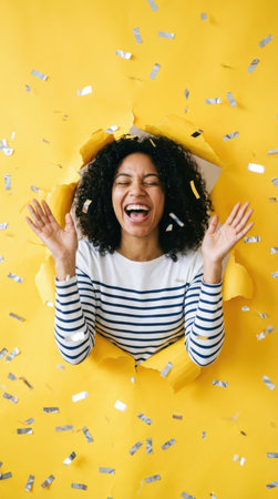 Happy african american woman looking through hole in yellow paper with confettiの素材
