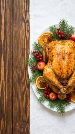 Christmas or New Year roasted turkey or chicken with cranberry, apples and spices on wooden background. Top view.の素材