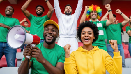 A diverse group of fans are cheering and celebrating at a stadium, with one person holding a megaphone.の素材
