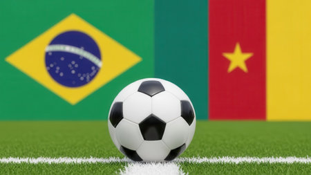 A soccer ball sits on the field with the flags of Brazil and Cameroon in the background, representing a match.の素材