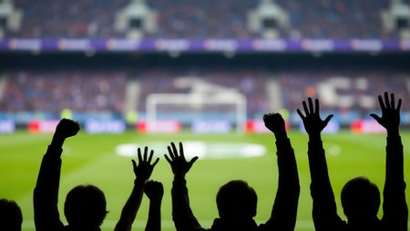 Silhouette of fans cheering with raised arms in front of a blurred soccer field and stadium, capturing the excitement of the game.の素材