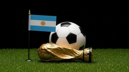 A soccer ball rests beside a golden trophy and the Argentinian flag, all set on a green field, symbolizing victory and sportsmanship.の素材