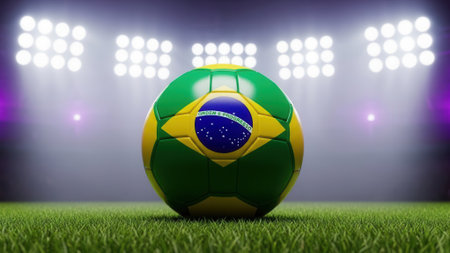 A vibrant image of a soccer ball with the Brazilian flag design, set on a green field under bright stadium lights, perfect for sports themes.の素材