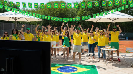 A vibrant scene of a group of people celebrating, likely a Brazilian event, with flags, decorations, and a lively atmosphere.の素材