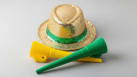 A straw hat with green and yellow accents, along with yellow and green noisemakers, are arranged on a light gray surface.の素材