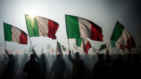 A group of people holding Italian flags, waving them in the air. The flags are green, white, and red. The people are silhouetted against a bright background.の素材