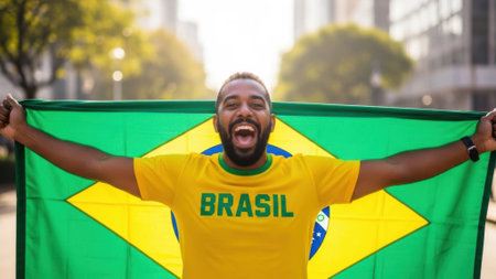 A joyful man, wearing a yellow Brazil jersey, enthusiastically holds the Brazilian flag, celebrating with a wide smile in an outdoor setting.の素材