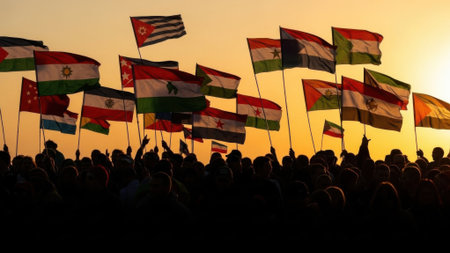 A crowd of people silhouetted against a sunset, waving various flags, representing unity and internationalism.の素材