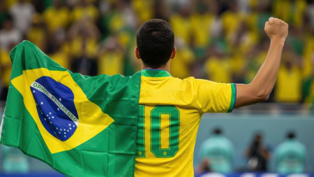 A rear view of a Brazilian footballer celebrating a win, draped in the Brazilian flag and wearing the number 10 jersey, with a crowd in the background.の素材