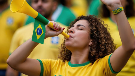 A female Brazilian soccer fan enthusiastically blows a vuvuzela, celebrating with a yellow and green jersey, showcasing national pride at a sports event.の素材