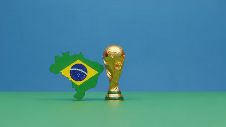 A golden World Cup trophy stands proudly beside a Brazilian flag-shaped emblem, symbolizing the nations football achievements.の素材
