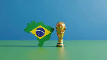 A vibrant image featuring the Brazilian flag in the shape of the country, alongside the iconic World Cup trophy, set against a contrasting green and blue backdrop.の素材