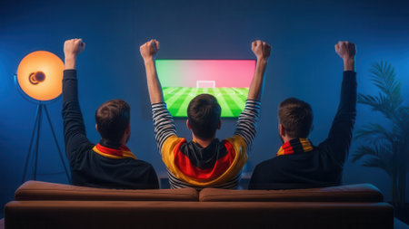 Three friends are sitting on a couch, watching a soccer game on TV. They are cheering and raising their arms in excitement, celebrating a goal. The room is dimly lit with a lamp.の素材