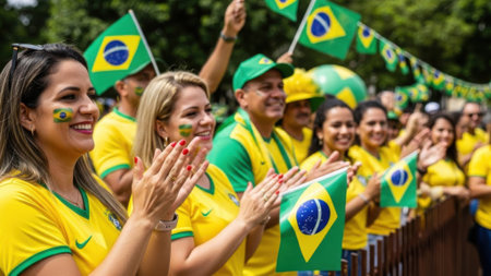 A vibrant image capturing Brazilian fans in a festive atmosphere, waving flags and expressing their support with smiles and cheers, showcasing national pride.の素材
