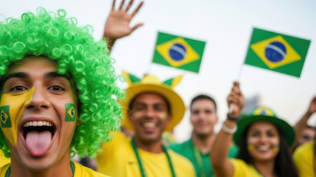 Enthusiastic Brazilian supporters cheer, waving flags and displaying vibrant face paint, capturing the energy of a lively sports gathering.の素材