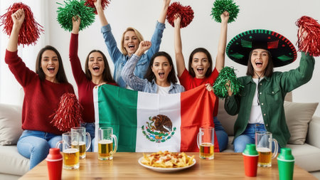 A group of friends are celebrating with a Mexican flag, pom-poms, and drinks, showing excitement and joy.の素材
