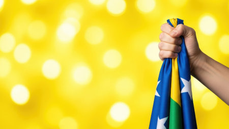A person hand firmly grips the flag of Bosnia and Herzegovina, set against a vibrant yellow backdrop with bokeh effect.の素材