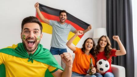 Group of friends cheering, holding flags, and enjoying a soccer game together. One person has face paint.の素材