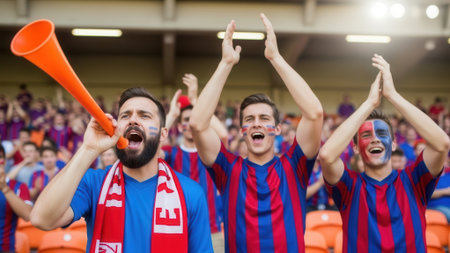 A group of excited soccer fans in a stadium, cheering and celebrating with a vuvuzela and face paint.の素材