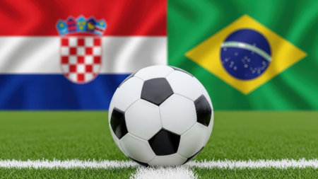 A soccer ball sits on the field with the flags of Croatia and Brazil in the background, representing a football match.の素材
